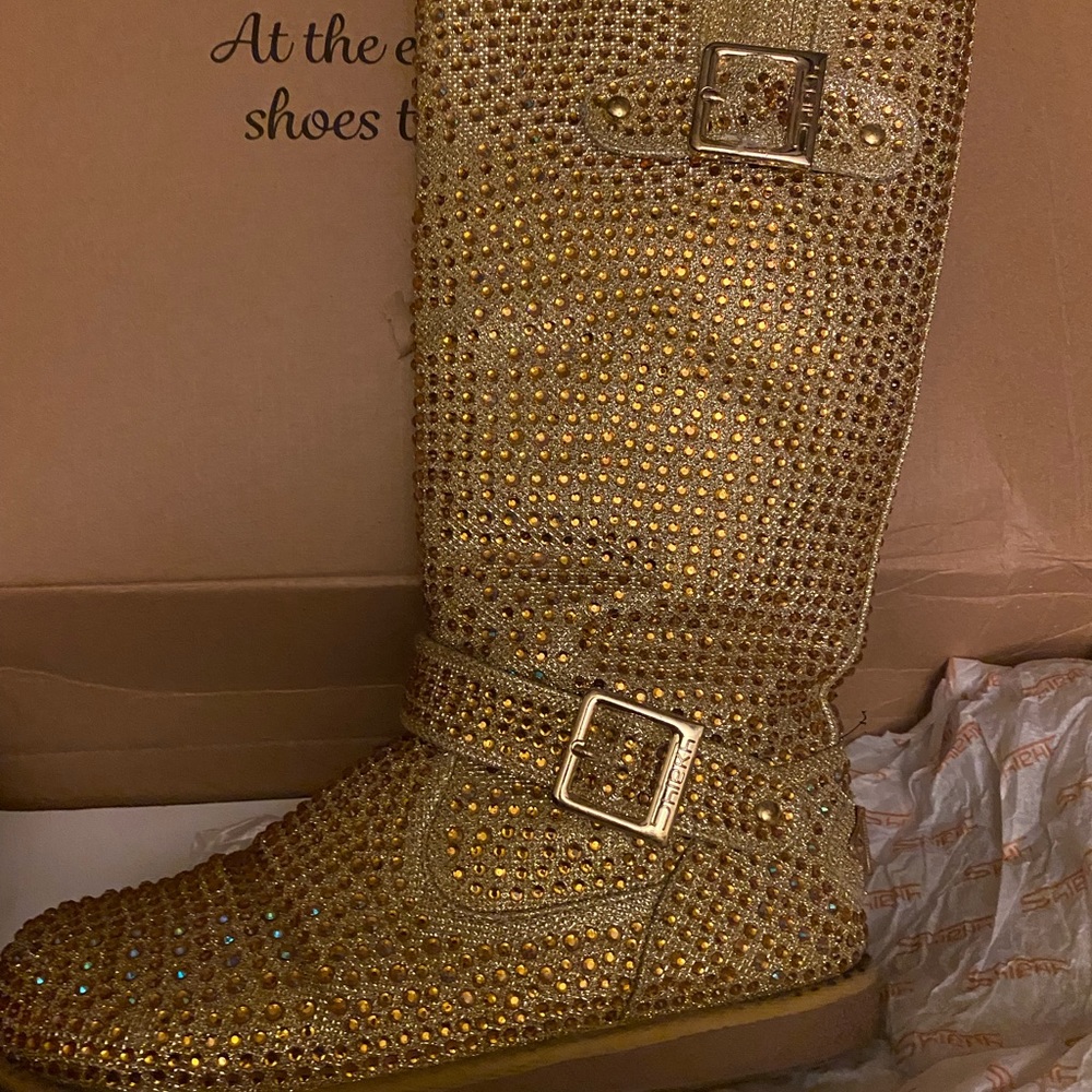 Gold Glitter Rhinestone Boots - Picture 2 of 7